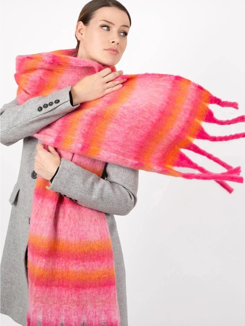 NWT Soft Striped Fringe Scarf in Hot Pink